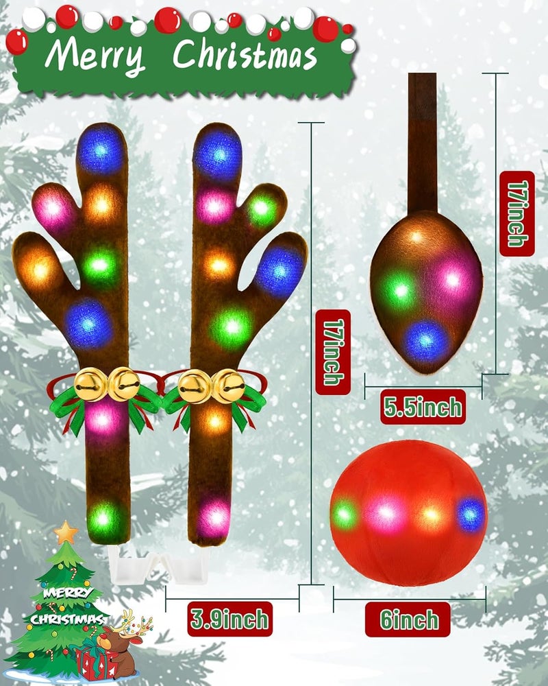 Dergo Christmas Reindeer Antlers Car Decoration Kit 2025, LED Lights Nose Vehicle with Jingle Bells Rudolph, Cute Costume Auto Holiday Accessories for SUV Van Truck Decor Multicolor - Image 3